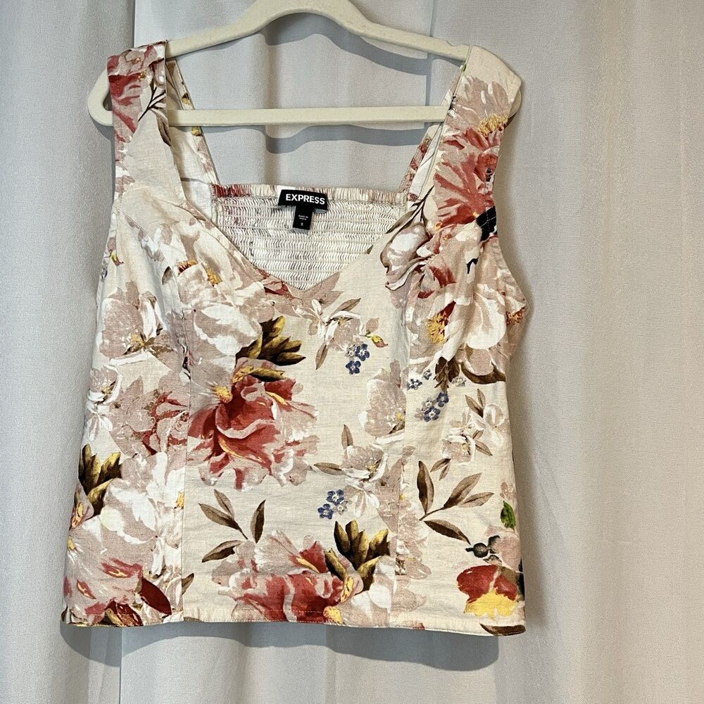 Express Floral Square Neck Crop Top — Cream, Pink, Green